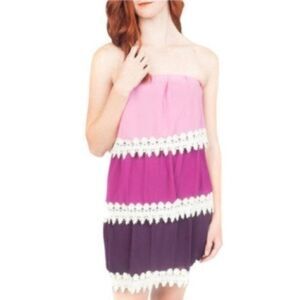 Miin Amethyst Ombré Tiered Crochet Lace Chiffon Strapless Dress S
